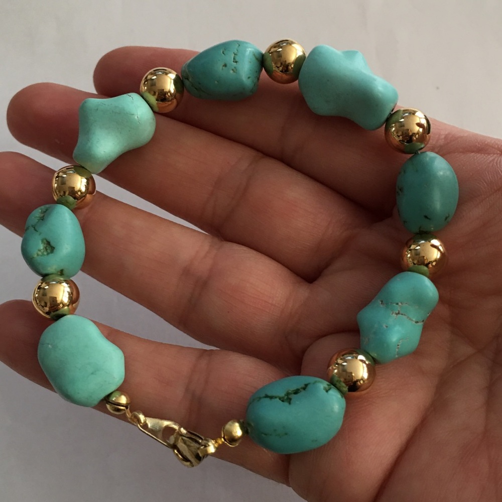 Chunky turquoise gold tone bead bracelet - Picture 6 of 8